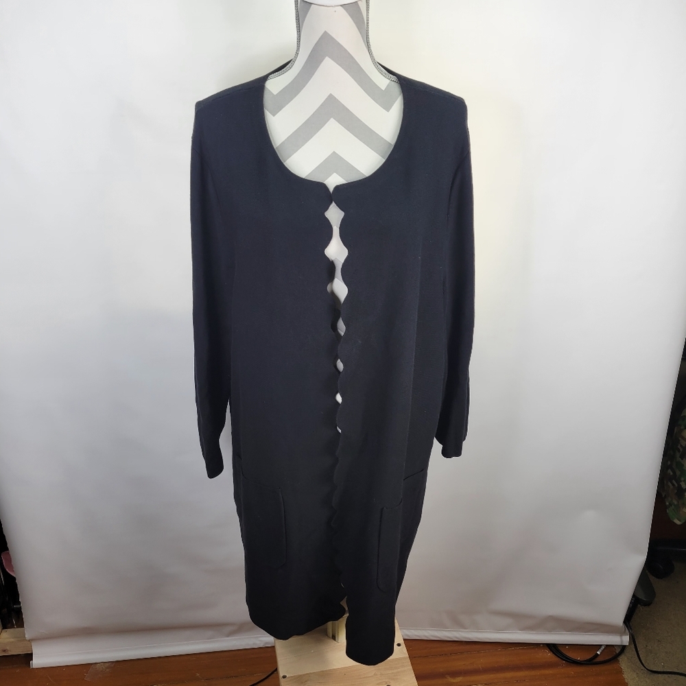 Talbots Scallop Edged Open Front Black Cardigan Front Pockets Size 3X